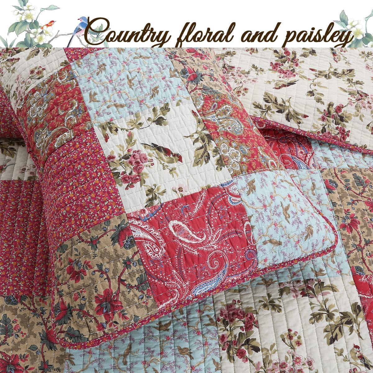 Cozy Line Rosemond Floral Patchwork 100% Cotton 3-Piece Quilt Bedding Set, Queen Set