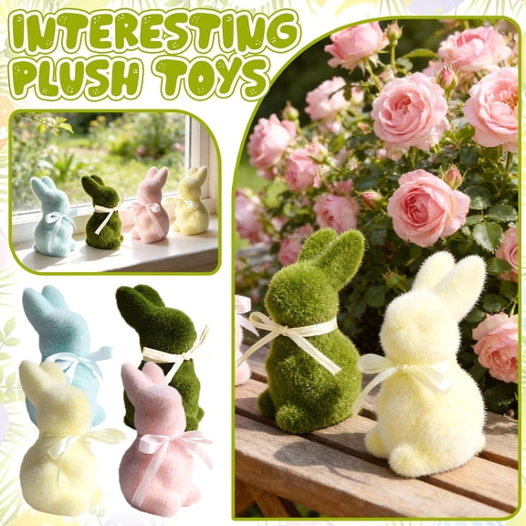 Green Easter Flocked Bunny Decor Rabbit Figurines Spring Table Centerpieces for Home Garden Indoor Party(3.82in)
