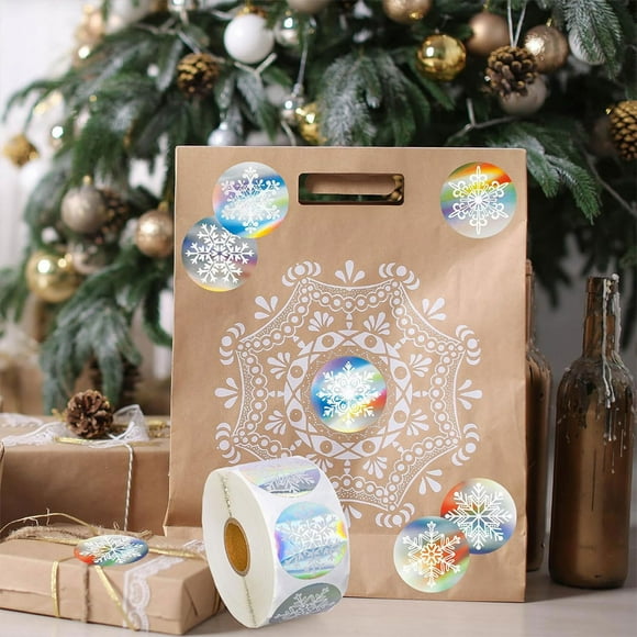 Multicolour Christmas Optical Maser Snowflake Round Decoration Stickers, Paper Sealing Labels with Festive Designs for Holiday Crafts and Gift Wrapping, 1 Inch