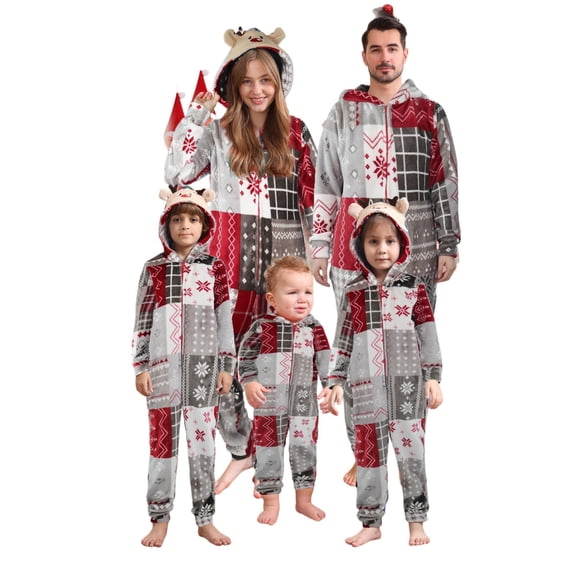 Onlypjs Family Matching Christmas Pajamas – Red, Grey & White Patchwork Hooded One-Piece Holiday Sleepwear for Women, Men, Couples