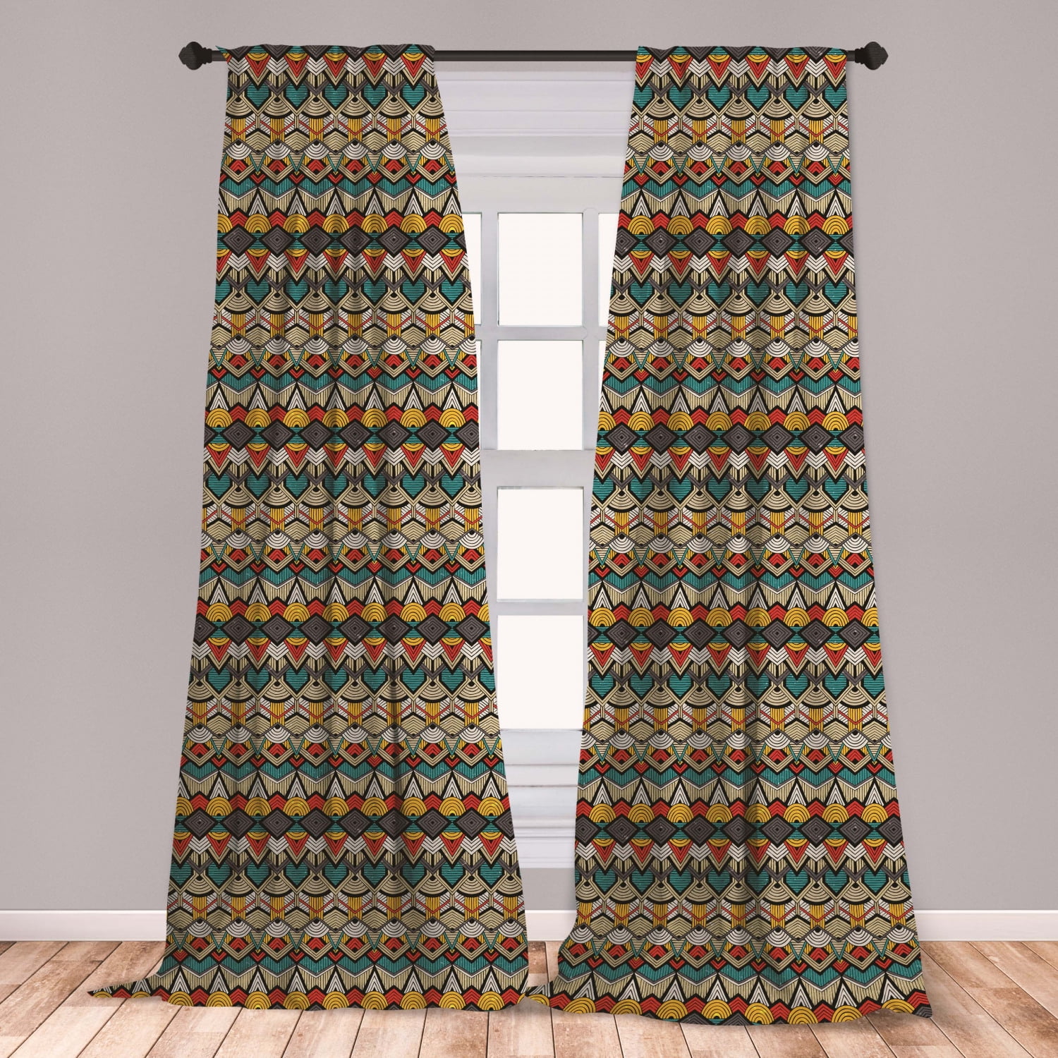 African Curtains 2 Panels Set, Chevron Zigzags and Half Circles