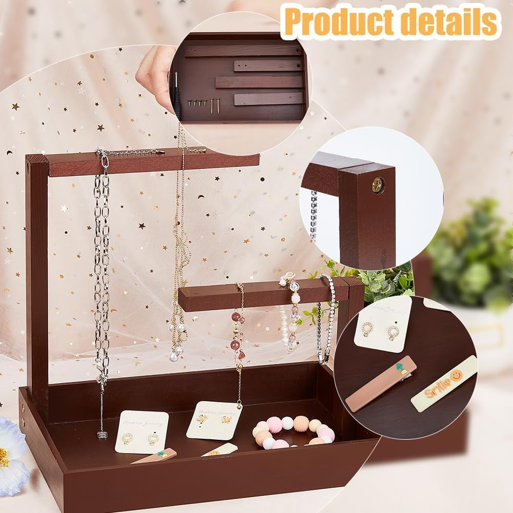 Wood Jewelry Display Stands Rectangle Jewelry Organizer Holder Coffee Necklace Hanging Organizer Rack with Tray for Bracelets Watches Earrings Rings DIY