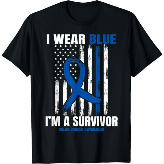 Blue Colon Cancer Survivor Gifts Women Men Flag Cancer Free T-Shirt
