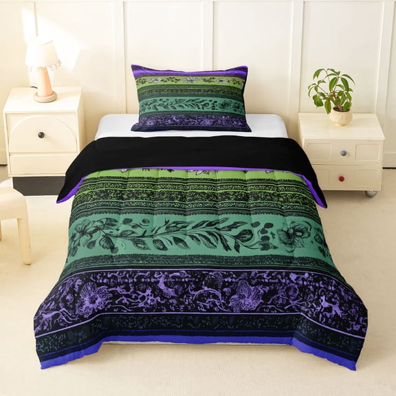Homewish Bohemian Geometric Stripes Twin Comforter Sets,Retro Floral Bedding Set,Purple,Black Reversible,2pcs,1 Comforter and 1 Pillowcase