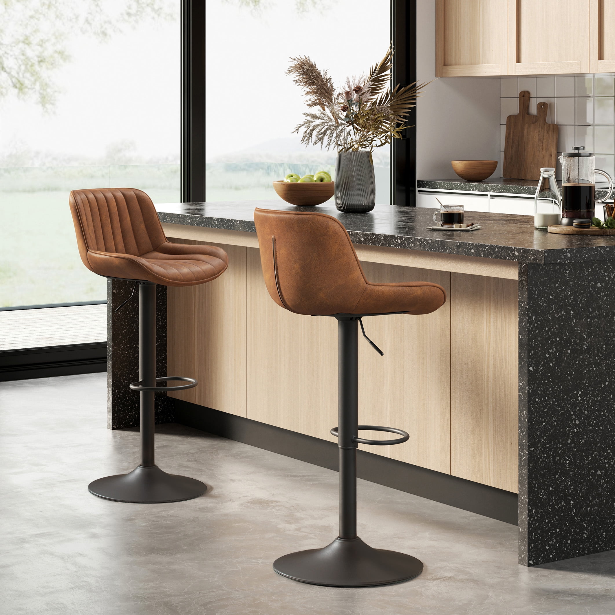 Art Leon Rustic Bar Stools Set of 2 Faux Leather with Backrest