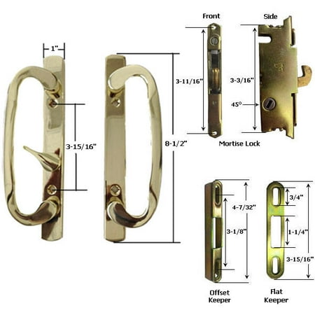 Sliding Glass Patio Door Handle Kit with Mortise Lock and Keepers, B-Position, Latch Lever is Off-Centered, Brass-Plated,