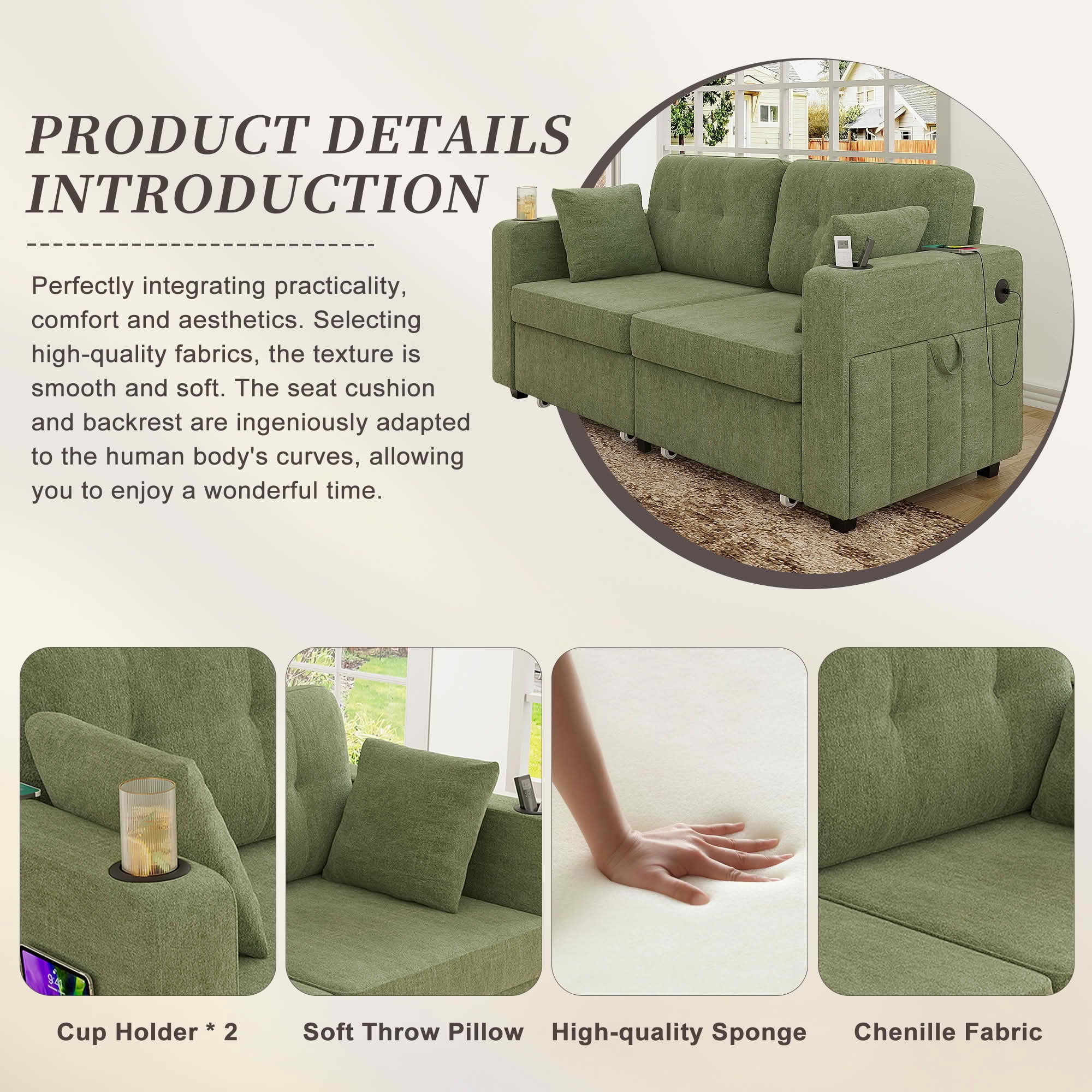 MAYEERTY Modern 3-Seat Chenille Sofa, Wood Frame Sectional Couch with USB Charging, Cup Holder & Storage Function for Home Small Space Living Room
