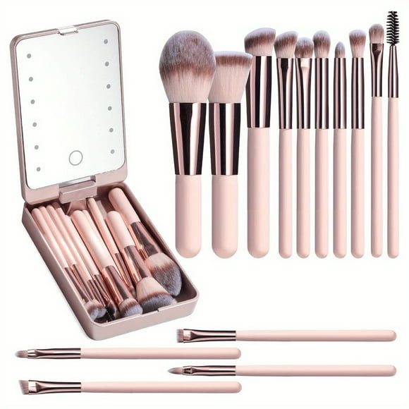 MesaSe Travel Makeup Brush Set with Foundation Powder Concealer and Eyeshadow Essence in One with LED Light Mirror 14 Mini Brushes (APINK)