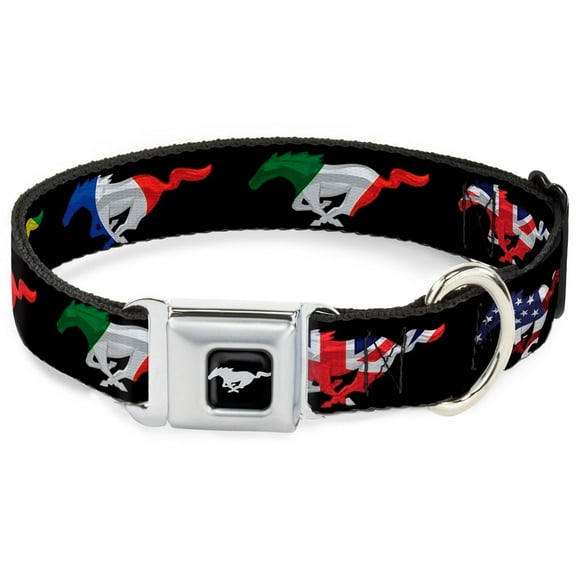 Ford Pet Collar, Dog Collar Metal Seatbelt Buckle, Mustang Silhouette Black International Flags, 11 to 16.5 Inches 1.0 Inch Wide
