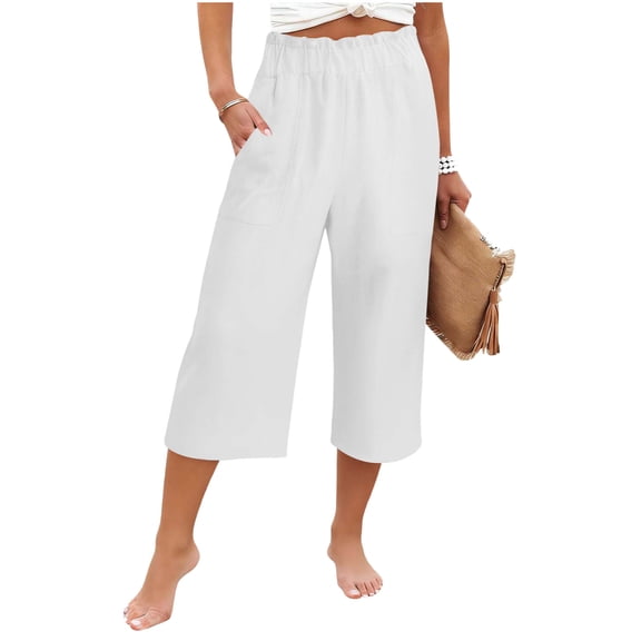 UAMVSH Capri Pants for Women High Waisted Wide Leg Palazzo Trousers Cotton Linen Casual Loose Cropped Pants with Pockets