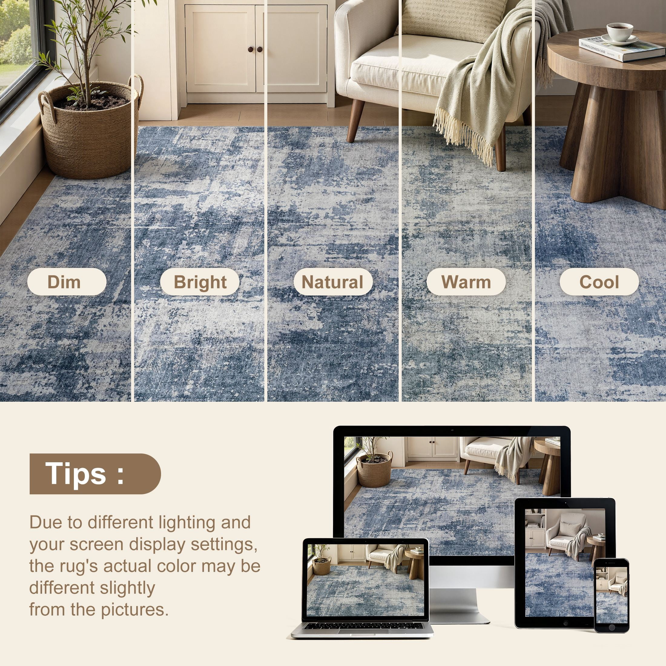 MICGEEK 9'x12' Abstract Area Rugs for Living Room, Stain Resistant Washable Rugs with Non-Slip Backing, Modern Carpet for Bedroom Dining Room Office Throw Rugs, Dark Blue
