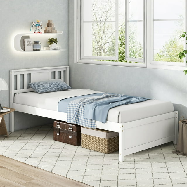 Gymax Twin Size Bed Frame w/ Headboard Wood Slat Support No Box Spring Needed