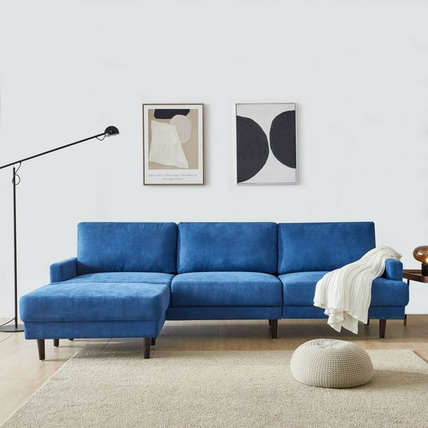 Modern Fabric Sofa L Shape With Solid Wood Frame 3 Seater Removable Back And Reversible Cushions Ottoman 104 Blue Com Modern Fabric Sofa L Shape With Solid, Sectional Sofa With Removable Back Cushions