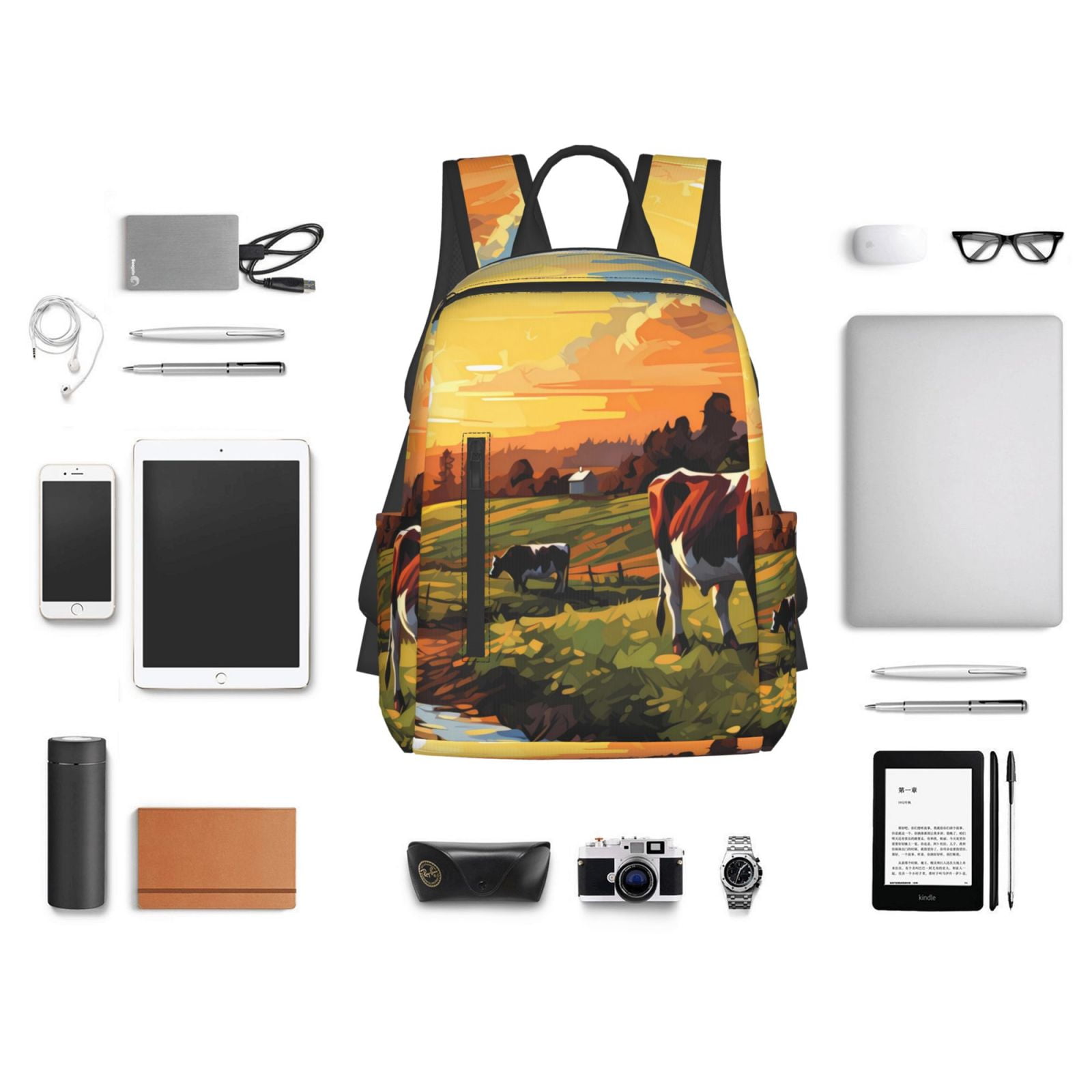 Xecao Oil Painting Style Pasture Cow print Backpack For women men Aesthetic Lightweight Travel Daypack Simple Cute Backpack For Bookbag