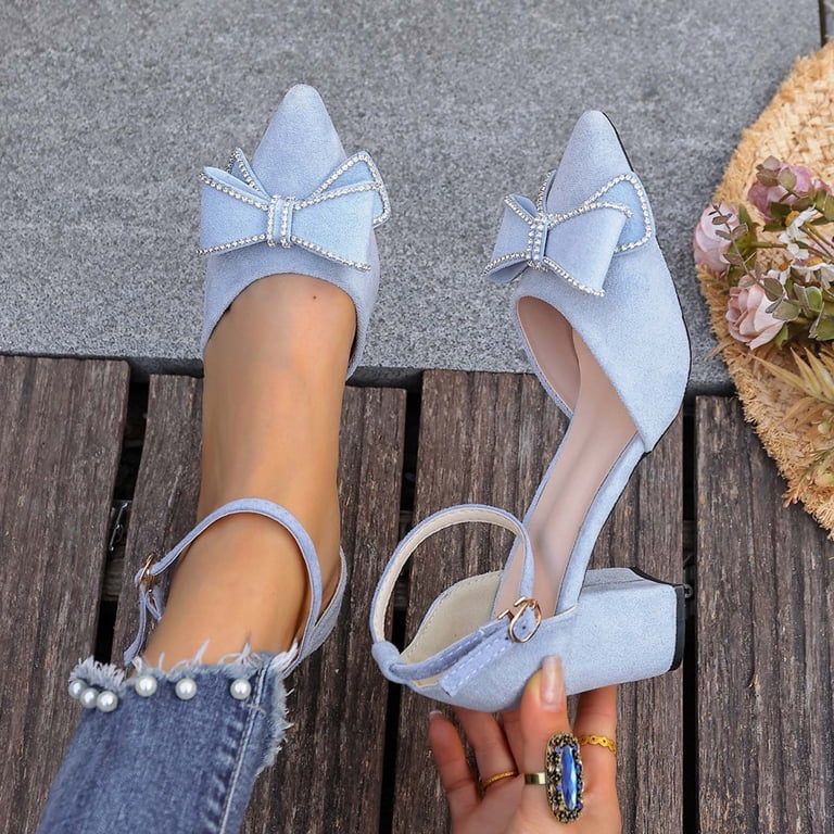 silver dress blue shoes Womens Block Heeled Sandals Suede Pointed Closed Toe Rhinestone Bowtie Ankle Strap Heels Business Casual Sky Size 7 bodysuit Size:USA 2 (XXS)/34 in.(86 cm)Garment Chest these loafers offer a Women's Denim Tie-Belt Button-Front