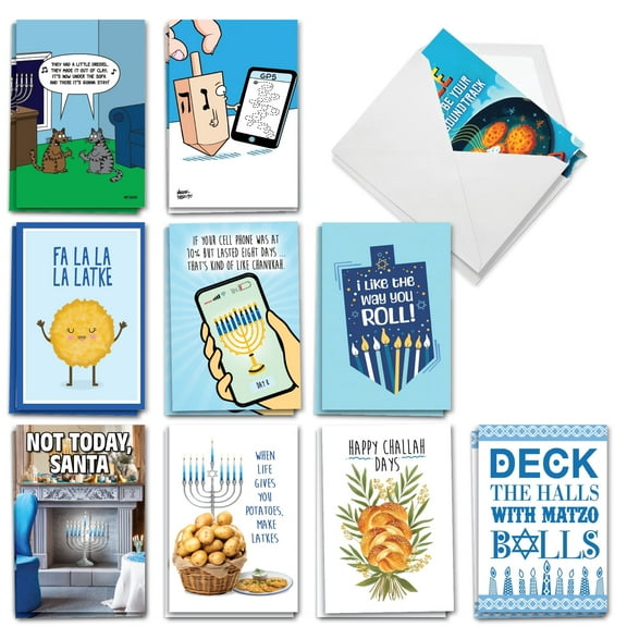 NobleWorks 20 Assorted set Funny Chanukah Greeting Cards w/5 x 7 Inch Envelopes (10 Designs, 2 Each) Jewish Holiday Cards Eight Humorous Nights AC8773HKG-B2x10