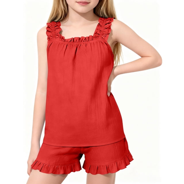 Zpanxa Girls Outfits Solid Color Round Neck Sleeveless Ruffle Hem Top with Elastic Waist Shorts 2 Piece Set 5-6 Years