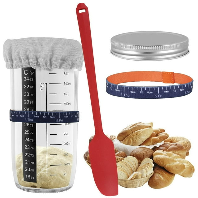 6Pcs Sourdough Starter Jar Kit with Scale Thermometer Heat Resistant Sourdough Starter Container with Metal Lid Clear Sourdough Glass Jar Reusable Sourdough Fermentation for Sourdough Bak