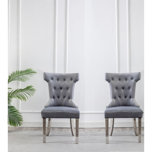 CHAISES K-LIVING ORICA EN VELOURS TOUFFETÉ DE COULEUR GRIS AVEC PIEDS EN ACIER INOXYDABLE ET POIGNÉE DOS ROBUSTE (2 CHAISES)