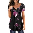 thumbnail image 1 of SMihono Hauts pour Femmes Été Décontracté Chic T-shirt Imprimé Col Rond Boutonné Plissé Manches Courtes Oversize pour Femmes, 1 of 4