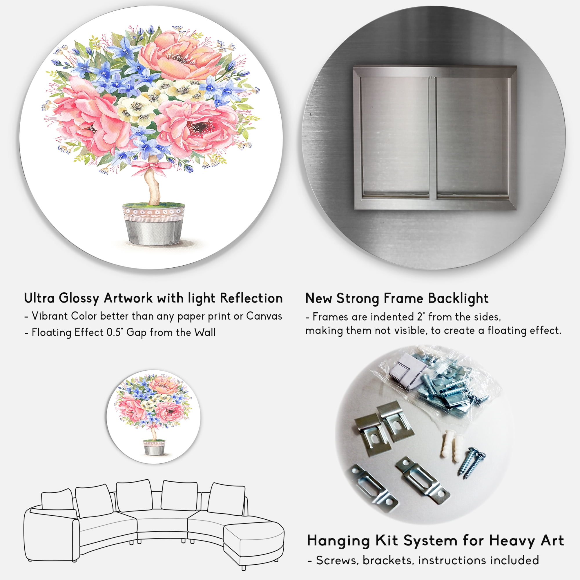 Designart 'A Bow With Flower Tree In A Pot' Farmhouse Circle Metal Wall Art 11x11 - Disc of 11