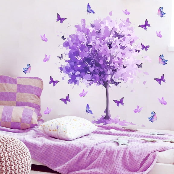 Purple Wall Decals Tree Butterfly Decorative Stickers Vinyl Peel and Stick Wall Art Murals for Living Room Bedroom
