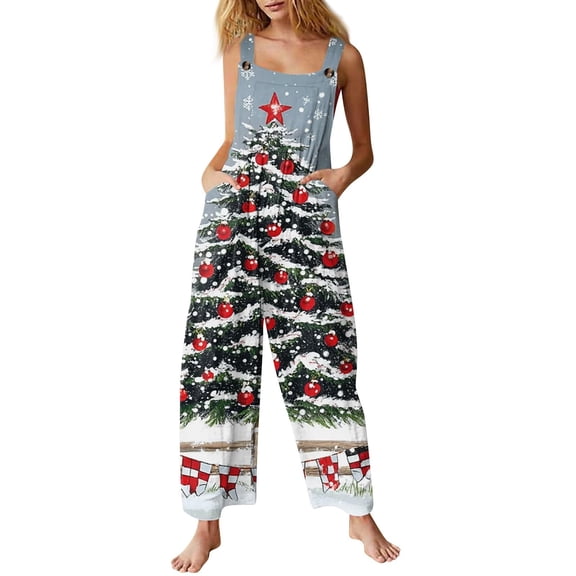 Women Christmas Outfit Stylish Women's Casual Christmas Print Jumpsuit Featuring Convenient Side Pockets For Everyday Comfort And Festive Seasonal Wear Blue XL
