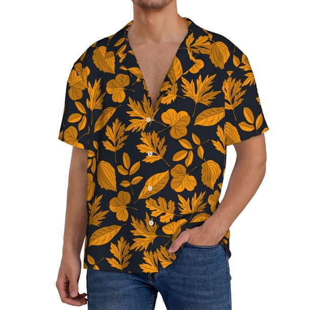 Fotbe fall leaf Camisa Estampada de Manga Corta para Hombre, Casual de Verano, Estilo Playero, Sin Arrugas-Medium