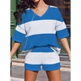 thumbnail image 6 of Women'S Two Piece Sets Summer Lounge Sets Striped Shirts and Shorts Set Oversized Matching Outfit Blue & White L, 6 of 9