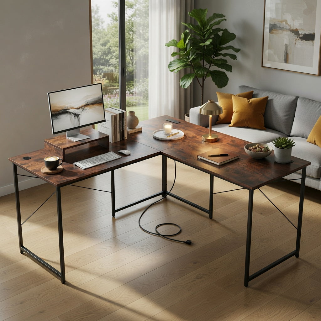 Demi Bonn 95" 2-Person L-Shaped Long Reversible Computer Desk with Monitor Stand, Small Home Office Desk Study Writing Table, Rustic Brown