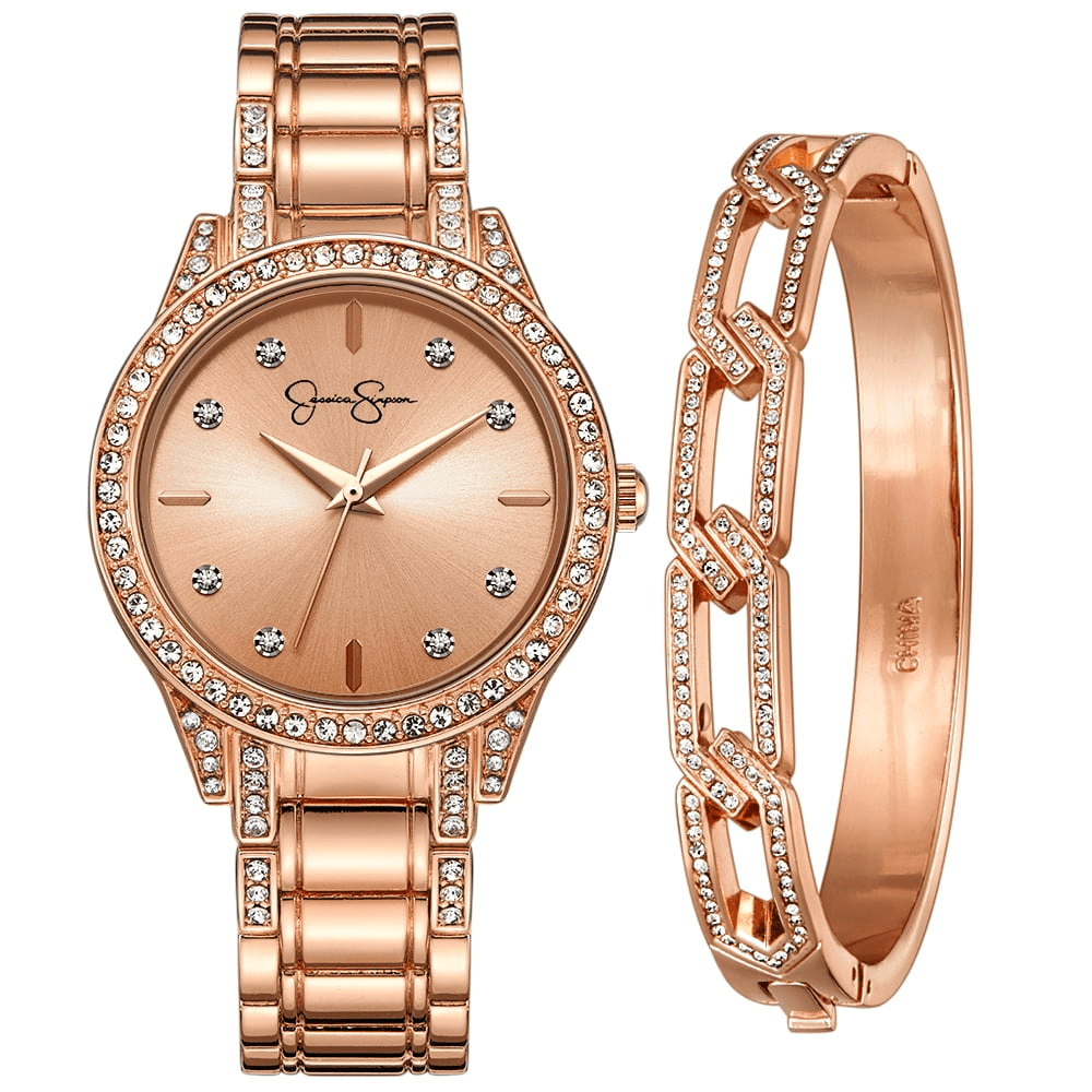 Jessica Simpson Ladies 35mm Rose Gold Tone Crystal Encrusted 