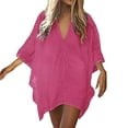 thumbnail image 2 of Swimsuit Coverup for Women Short Sleeve V Neck Lace Trim Loose Mini Dress Beach Cover Up Bathing Suit Dress, 2 of 5