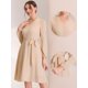 thumbnail image 2 of Vestido de gasa para mujer, elegante, con volantes, cuello en V, informal, de negocios, con cinturón Beige XS, 2 of 6