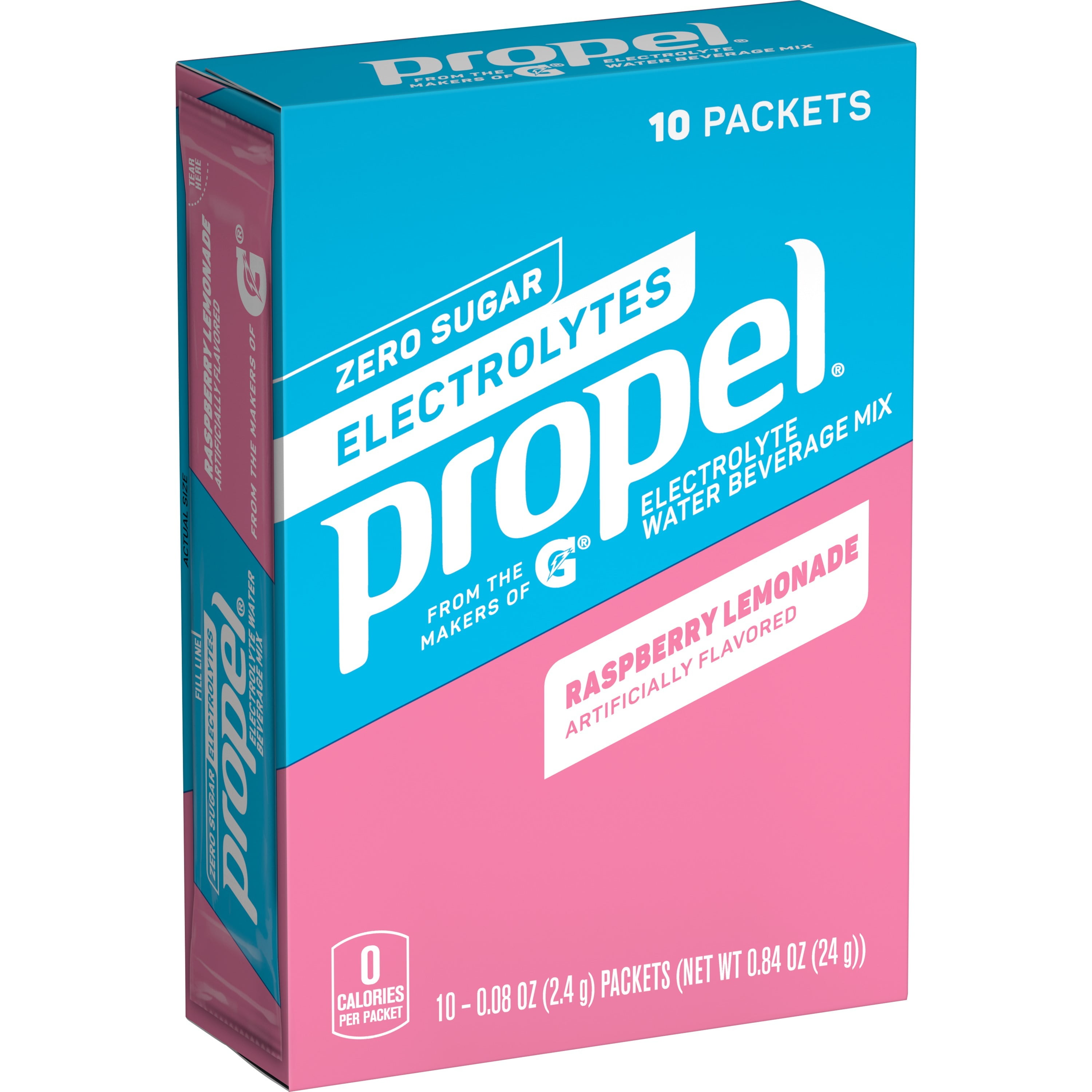 Propel Raspberry Lemonade Enhanced Water Drink Mix Powder With Electrolytes, Vitamins and No Sugar, 0.08 oz, 10 Pack