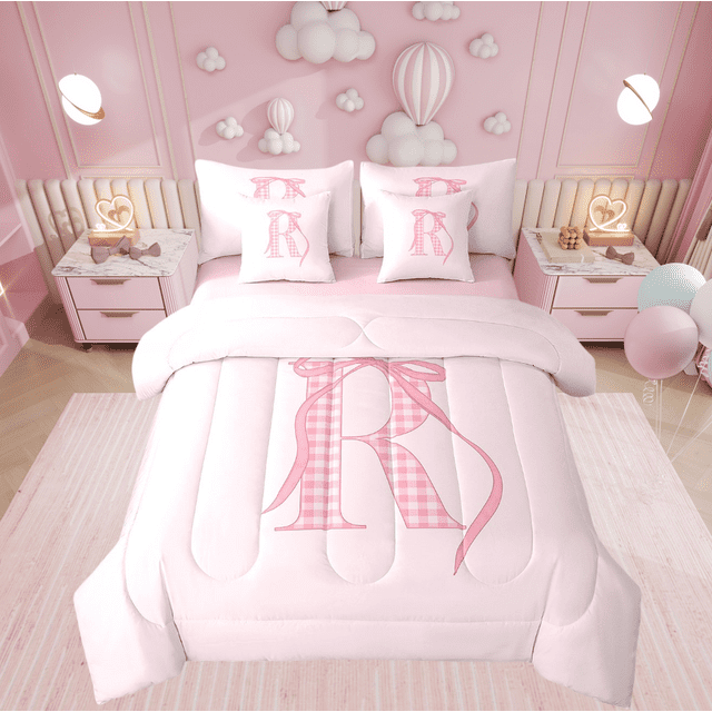 Erosebridal Teens Monogrammed Bedding Sets Queen Size, Initial R Letter Comforter Sets with Sheets, Pink Bowknot Decor, Reversible