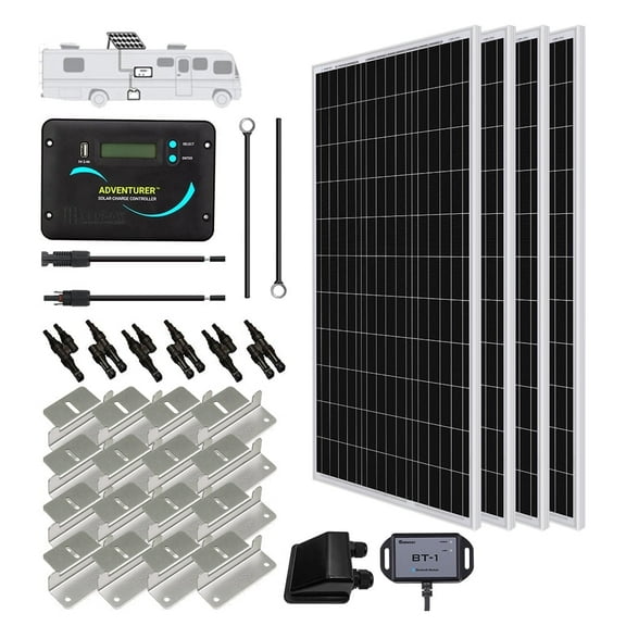Renogy 400 Watts 12 Volts Monocrystalline Solar RV Kit Off-Grid Kit with Adventurer 30A PWM LCD Charge Controller  Mounting Brackets  Male and Female Connectors Solar Cables Cable Entry housing