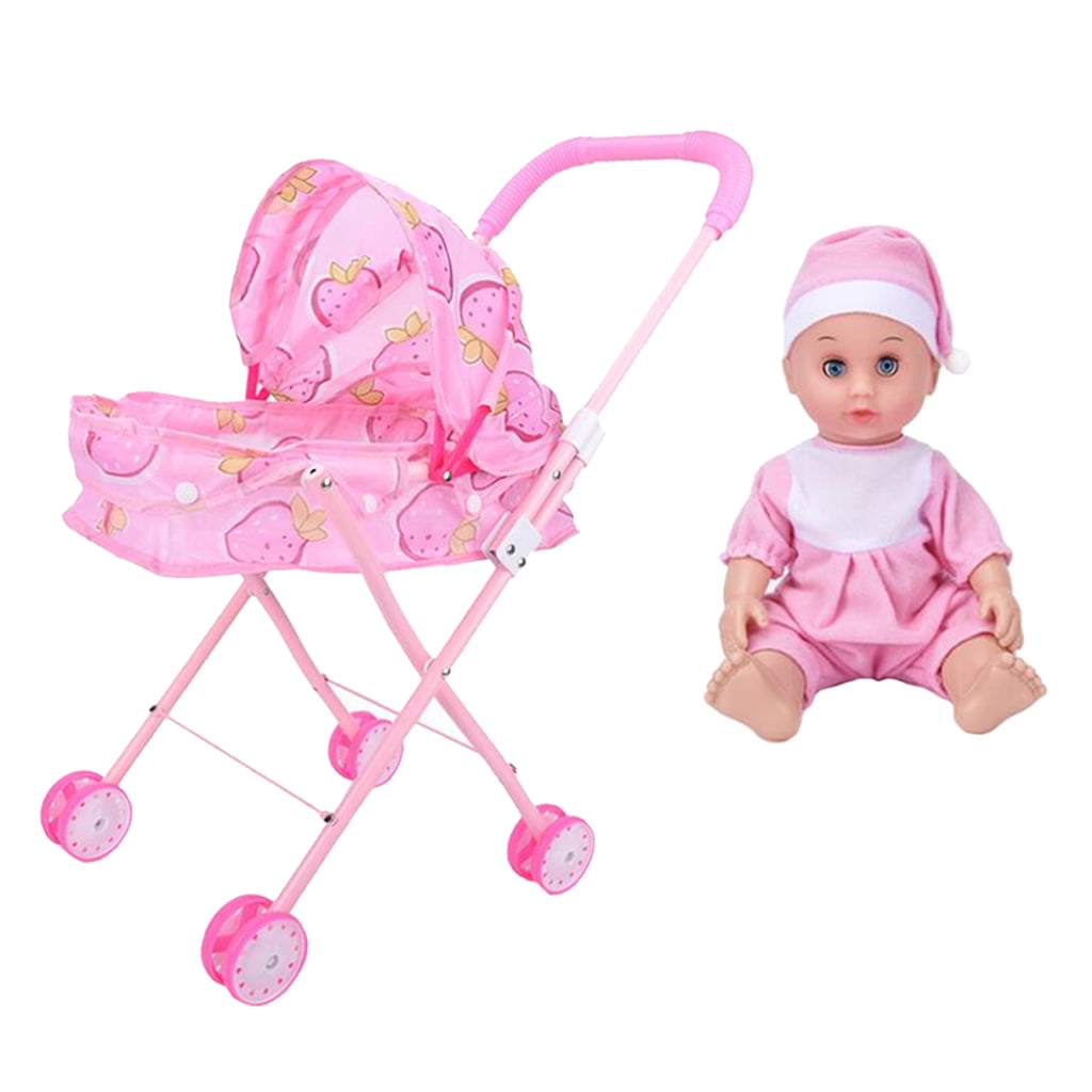 Pink Doll Pram Buggy Plastic Pushchair Stroller  Miniature Kids Pretend Play 