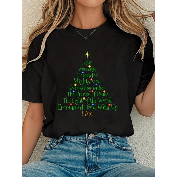 Women Cotton Tshirt Christian Christmas Shirts Bible Names Of Jesus Tree Shaped T-Shirt Comfort Tshirt Women