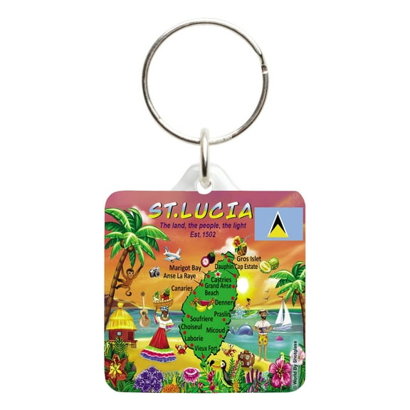 St. Lucia Map Acrylic Square Souvenir Keychain 1.5" X 1.5"