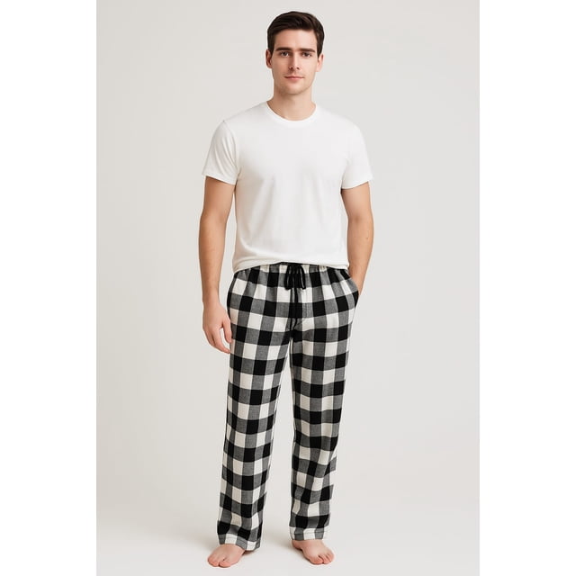 Pijamas de Franela a Cuadros de Algodón, Pantalón Largo Con Bolsillos, Para Hombre Corte Recto
