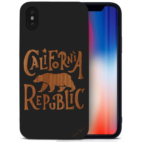 Case Yard Wooden Case for iPhone-XS-Max Soft TPU Silicone cover Slim Fit Shockproof Wood Protective Phone Cover for Girls Boys Men and Women Supports Wireless Charging California Republic Bear Design