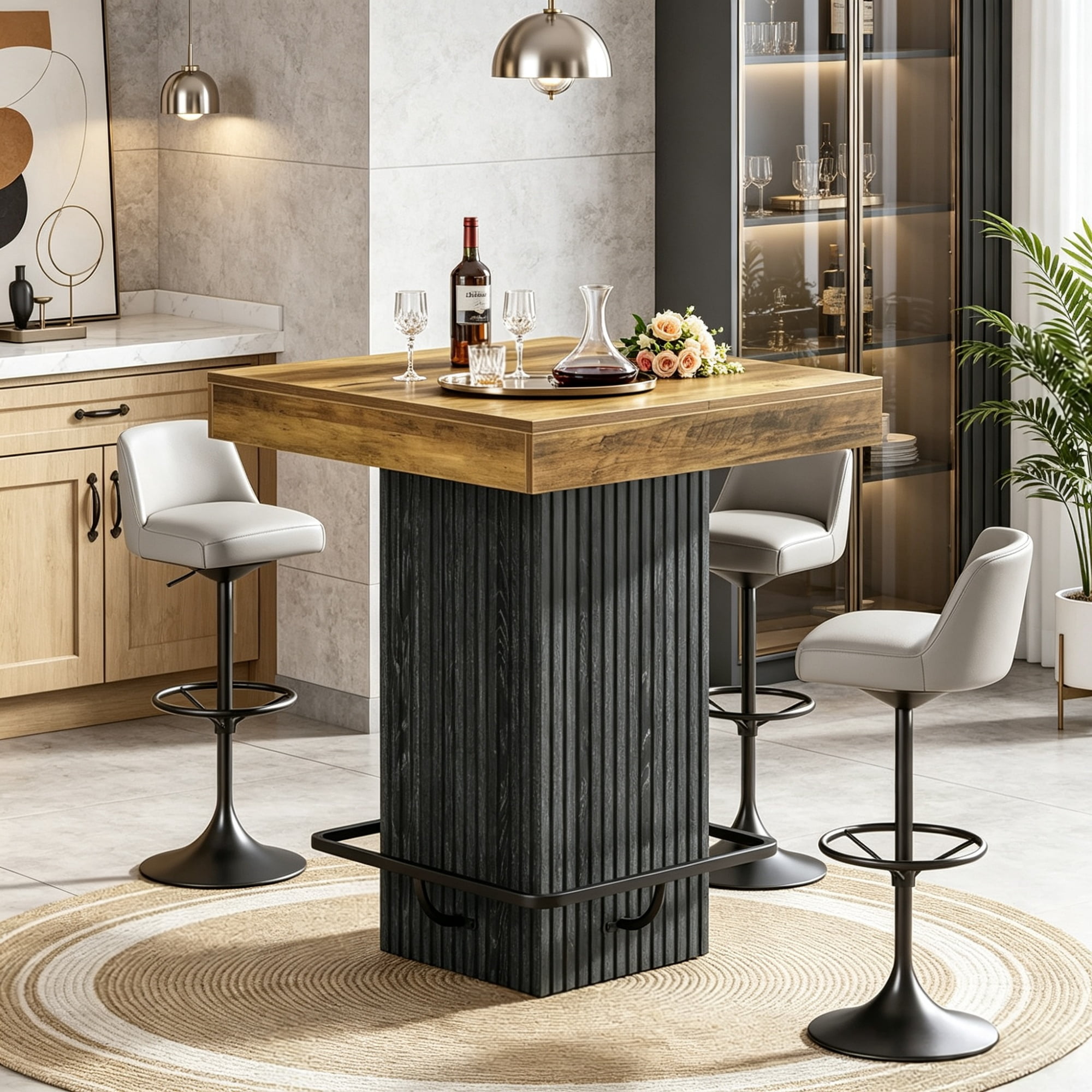 31.5 in Counter Height Bar Table, Square Dining Table with Metal Footrest