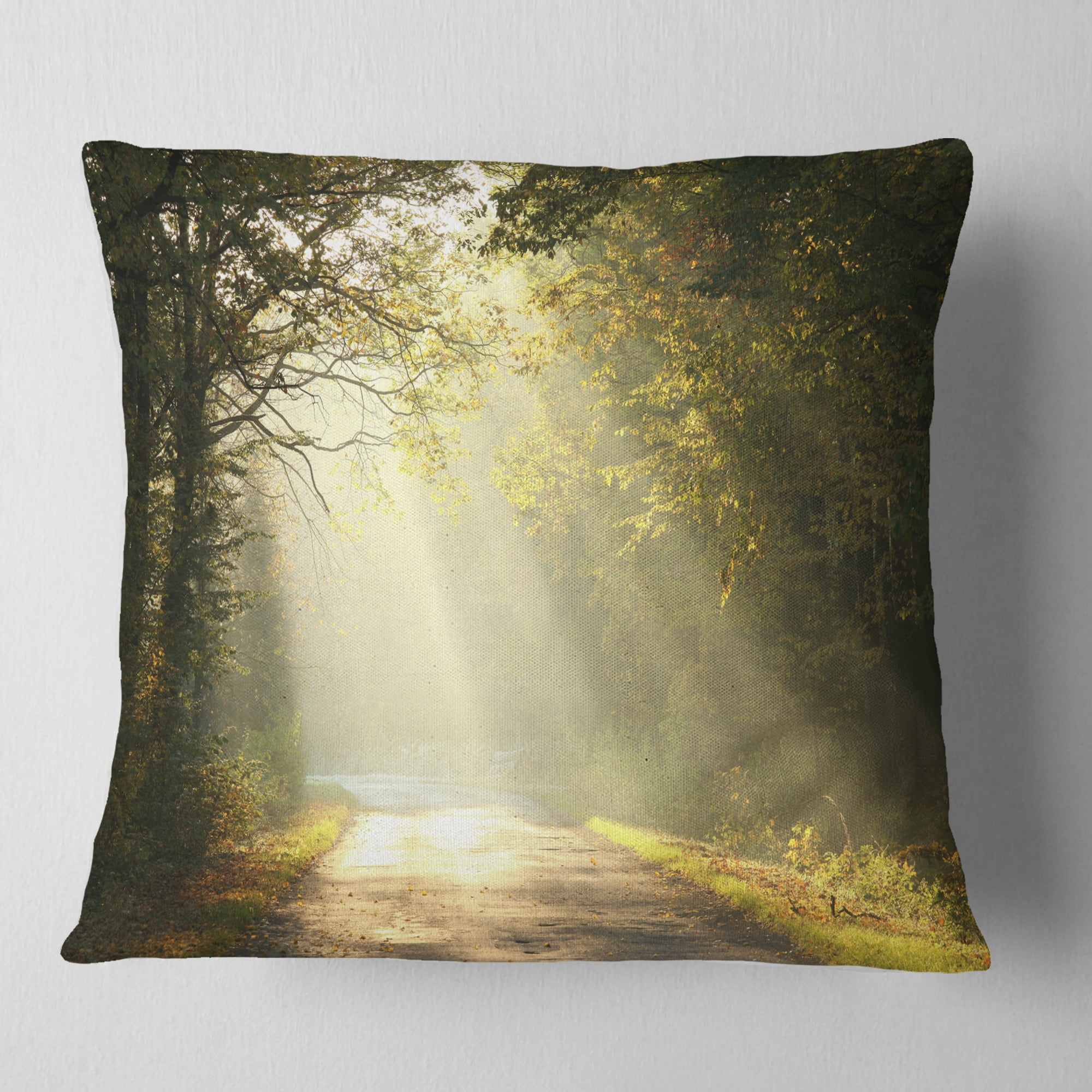 Designart Bright Sunbeams to Fall Forest - Landscape Photography Throw Pillow - 18x18