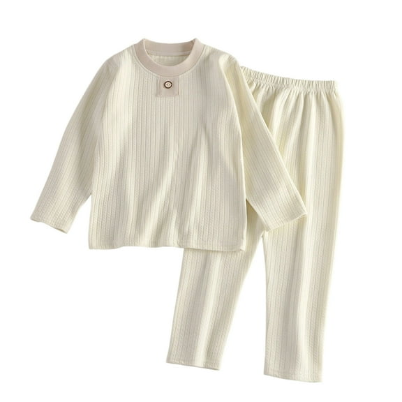 lnmuld Two Piece Outfits Girls Cozy Thermal Pajamas Soft Textured Jacquard Loungewear Round Neck Cartoon Print Outfit Set for Cold Weather Comfort Solid Color Size:12-18 Months