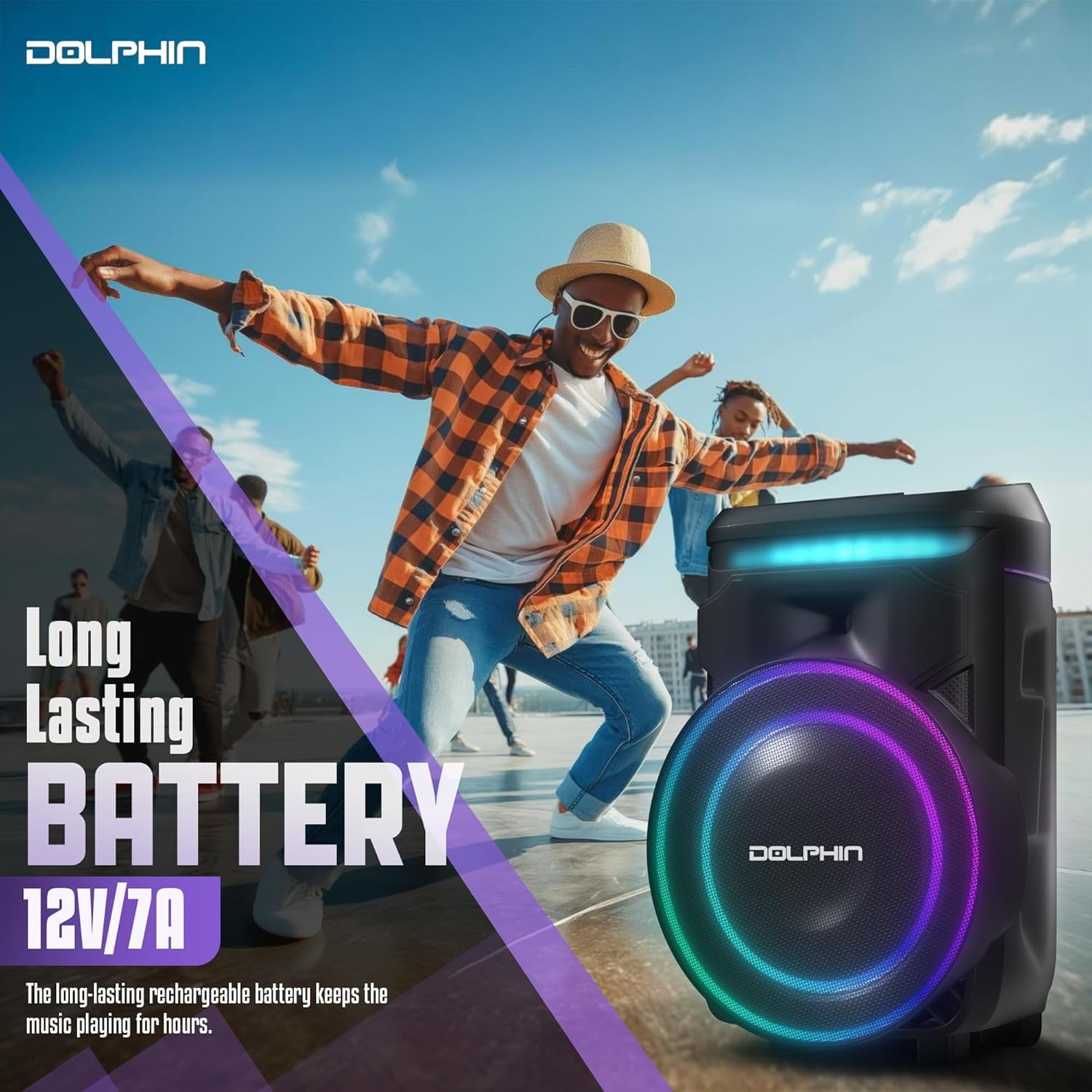 Dolphin SP-1800RBT 18" Portable Bluetooth Party Speaker – 100W RMS, Powerful 18" Woofer, LED Lights, WaveSync™, X-Bass, Rechargeable Battery, Bluetooth 5.1, 21" Tall – Perfect for Parties