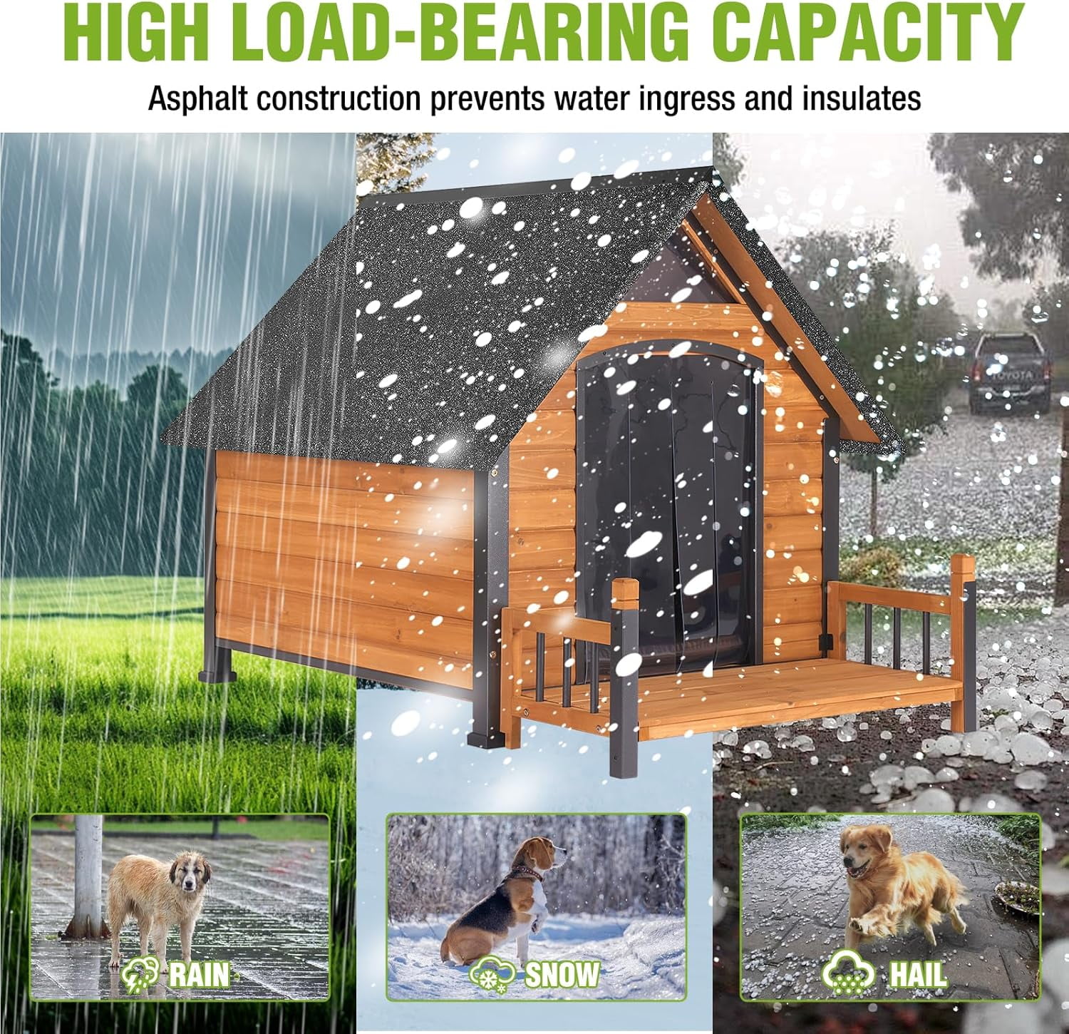 MEDEHOO Heated Outdoor Dog House Insulated Weatherproof Dog Kennel with All-Around Metal Frame, Anti-Bite Puppy Home with Porch, Dog Shelter for Large Breed (Brown, 50.9'' Large)