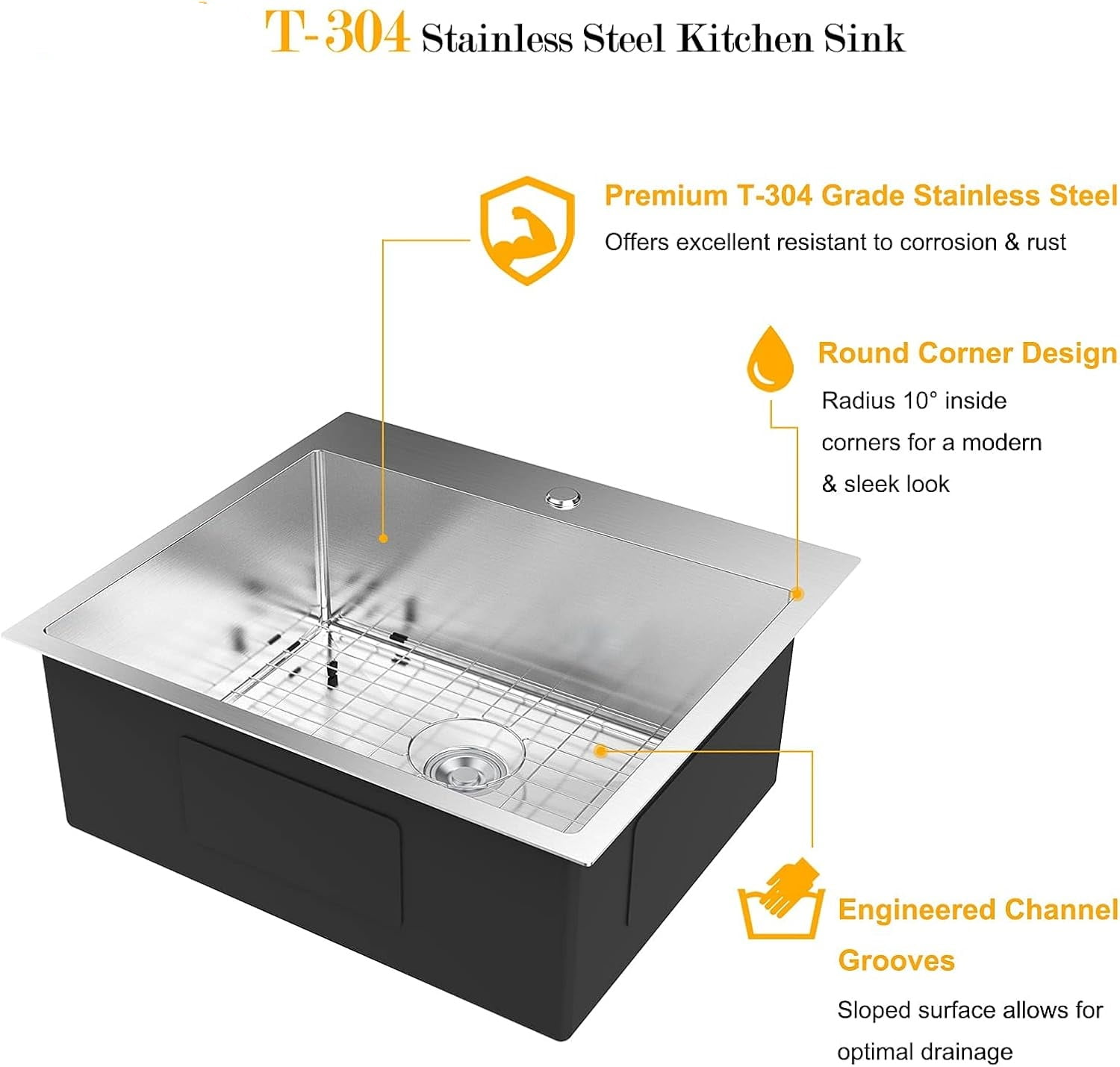 Ktaxon 25" x 22" Drop-In 304 Stainless Steel Workstation Kitchen Sink, 18 Gauge Single Bowl with Grid & Drain Strainer