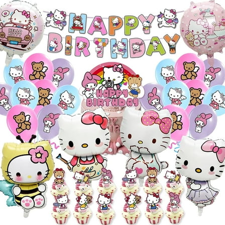 38pcs Girl Character Party Supplies,  Cat Anime Birthday Decorations Set-Foil Balloons, Happy Birthday Banner, Cake Cupcake Toppers, Latex Balloons