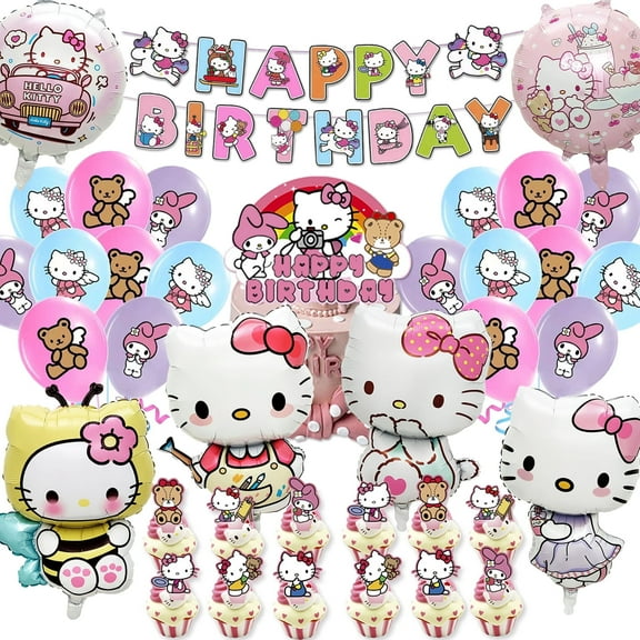38pcs Girl Character Party Supplies,  Cat Anime Birthday Decorations Set-Foil Balloons, Happy Birthday Banner, Cake Cupcake Toppers, Latex Balloons