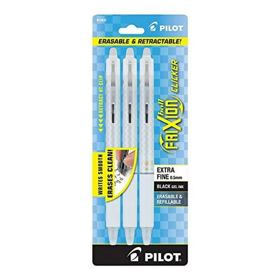 Pilot FriXion Ball Clicker Erasable White Pen, Extra Fine, 0.5 mm, Black Gel Ink, 3 Pack (13632)
